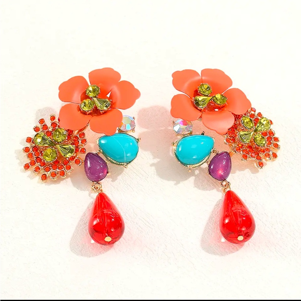 Orange Flower Statement Dangle Earrings - image 4